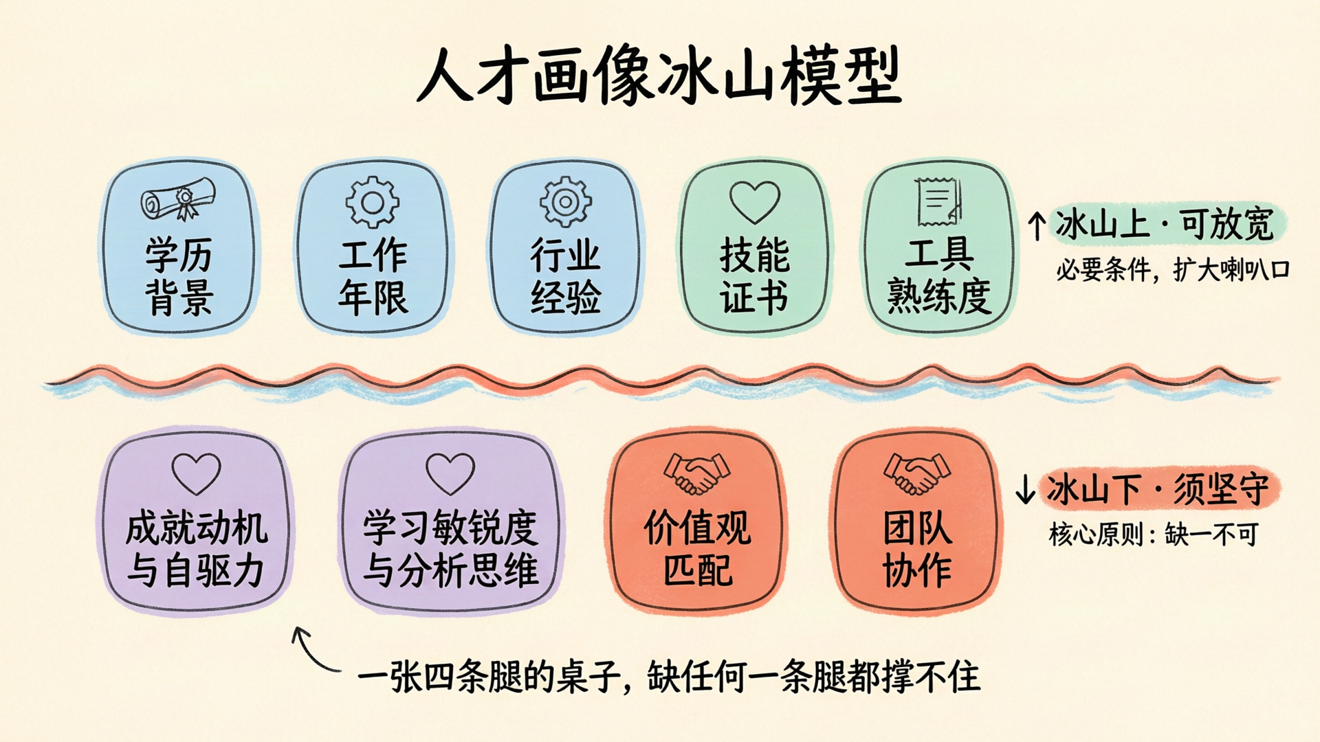 图：人才画像冰山模型——从冰山上可观测到冰山下可预测